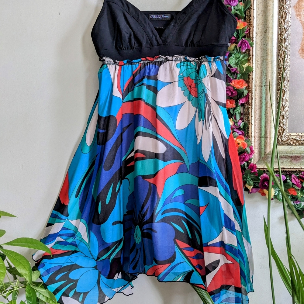 Guess Jeans Teal Blue Summer Flowey Dress Size L with Silver Hem Black Top
